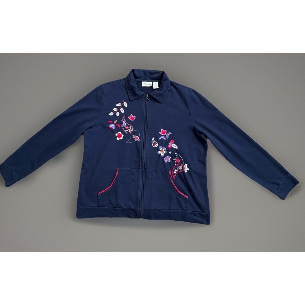 Breckenridge Embroidered Zip Jacket Women XL Navy Floral Paisley Cotton Comfy